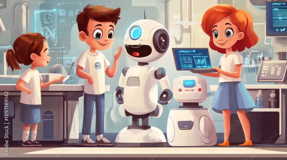 Poster Young Children Interact With Friendly Robot In Lab Setting