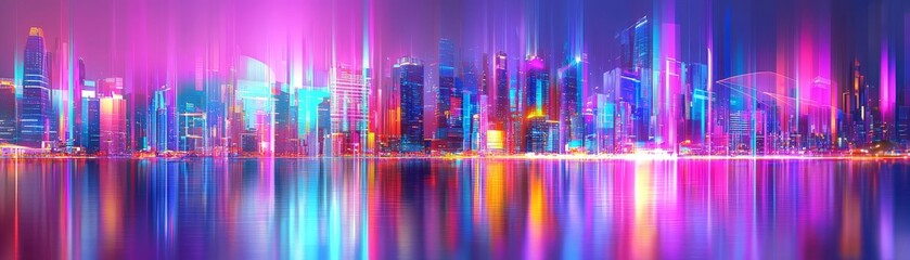 Obraz premium Vibrant city lights reflected on water urban skyline digital artwork night view futuristic concept for exploration