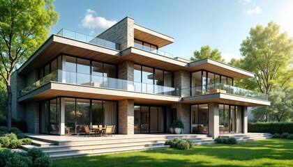 Fototapeta premium Luxury modern house features large glass windows layered terraces. Stone exterior home sits in green garden. Sunlight brightens spacious rooms. Stylish design offers comfort, relaxation. Roomy patio