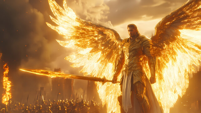Golden-winged male angel standing with a flaming sword in radiant armor before an army on the battlefield. Celestial Flame Wings. Illustration