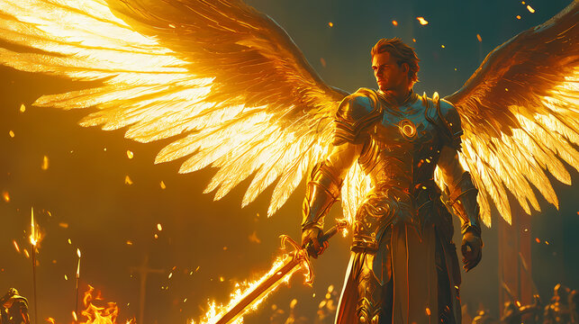 Golden-winged male angel standing with a flaming sword in radiant armor before an army on the battlefield. Celestial Flame Wings. Illustration