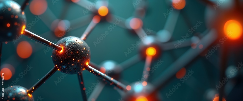 Poster glowing orange atom network. ball shaped molecule structure. dark blue background. abstract science 