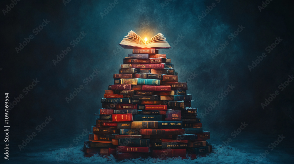 Poster Books form a striking pyramid with a glowing open book at the top, symbolizing knowledge and imagination in a dark setting