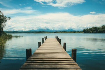 Naklejka premium Tranquil wooden pier extending into a serene lake under a bright blue sky