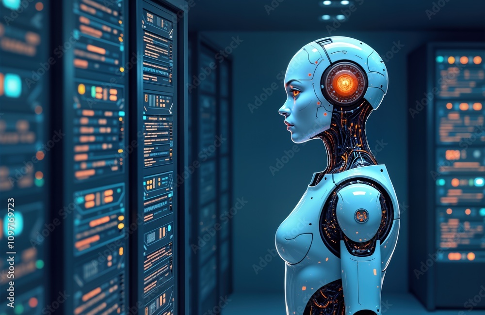 Aufkleber female robot examines server room data. ai cyborg checks digital network. futuristic tech in modern 
