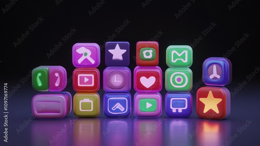 Aufkleber Glowing App Icons Arranged in a Colorful Grid