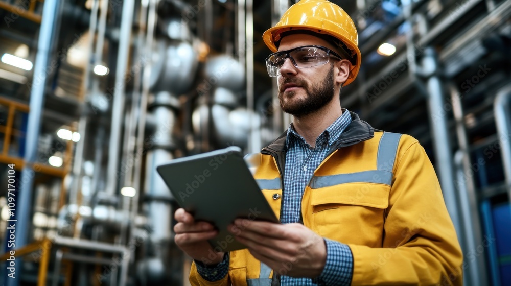 Poster Industrial Worker Using Tablet In A Factory Setting