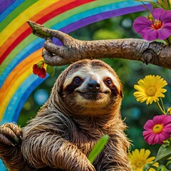 Happy Sloth with Rainbow