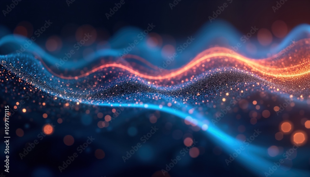 Aufkleber Abstract blue orange digital wave particles flow. Futuristic tech background. Big data network visualization. Modern science design. 3D energy concept. Innovation communication. Dynamic glowing