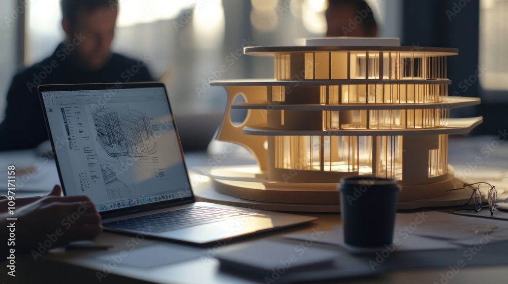 Poster a modern architectural model on a table with a laptop and coffee cup, showcasing design work.