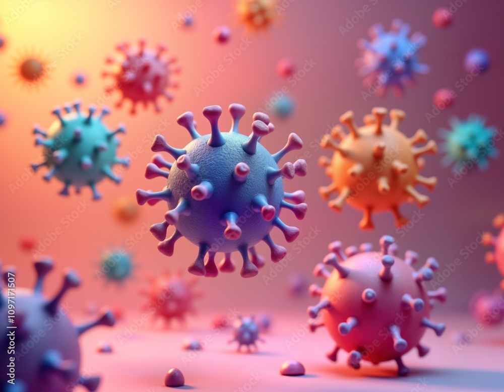 Poster abstract 3d render colorful virus cells. medical oncology concept. cellular study image. microscopic