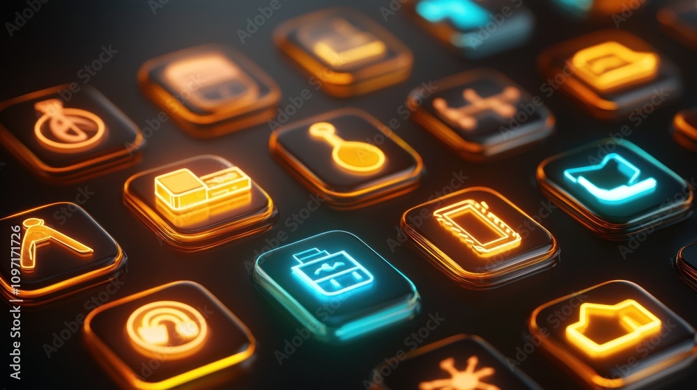 Poster Illuminated Neon Interface Icons Displaying Various App Functions