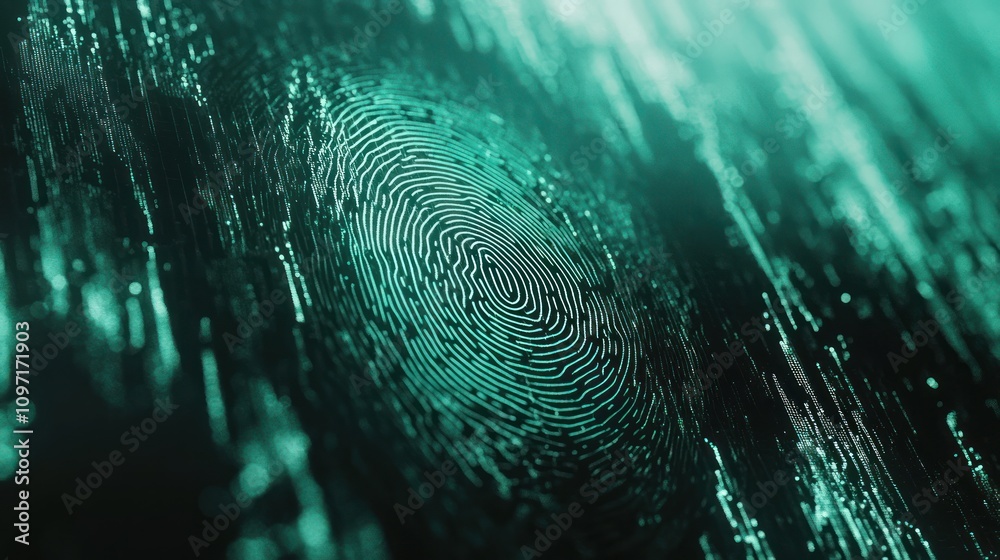 Poster a close-up of a fingerprint with a digital, abstract background.