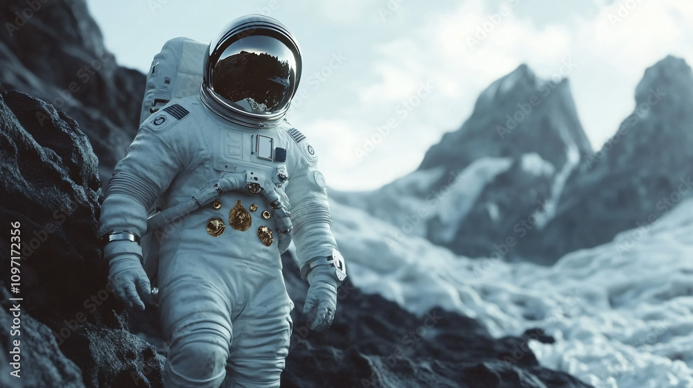 Poster astronaut explores the rugged and mountainous terrain of an alien planet