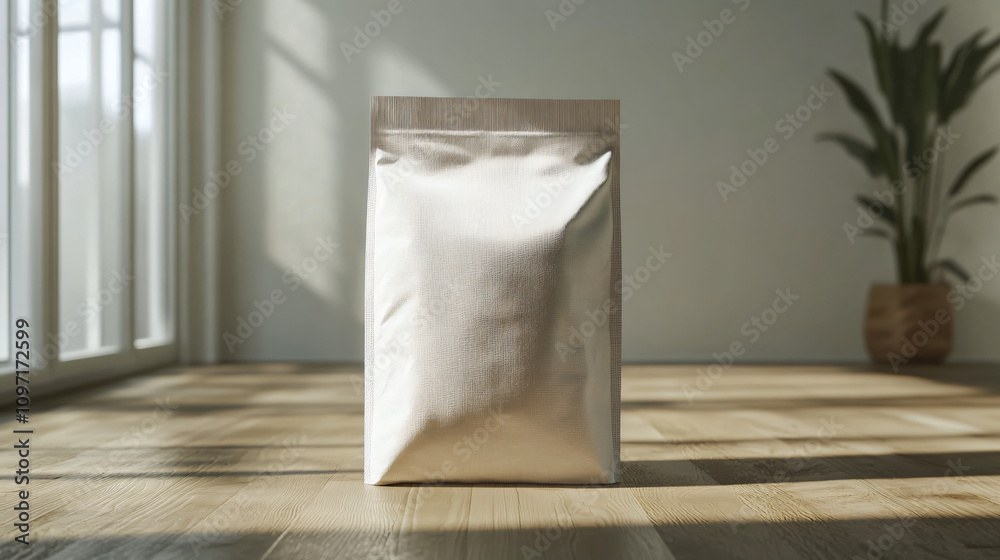 Poster realistic 3d rendering of a blank metallic doypack pouch on a wooden floor in a sunlit room, ideal f