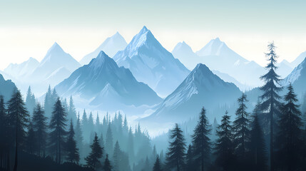 Obraz premium Misty mountain peaks with forested slopes. generative ai image. Pristine Alpine Peaks. Illustration