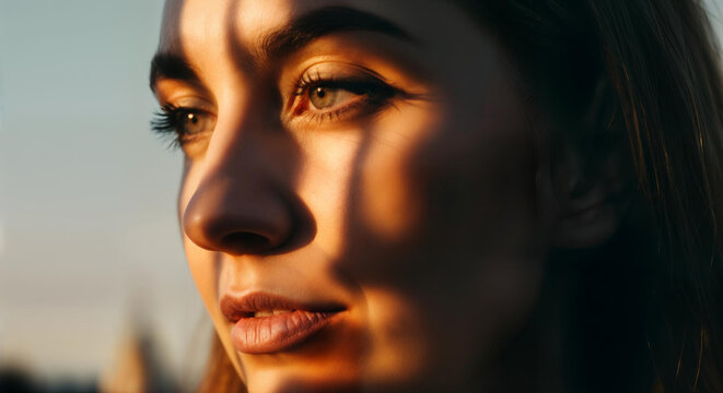 Golden hour portrait: captivating woman in sunset light with shadows