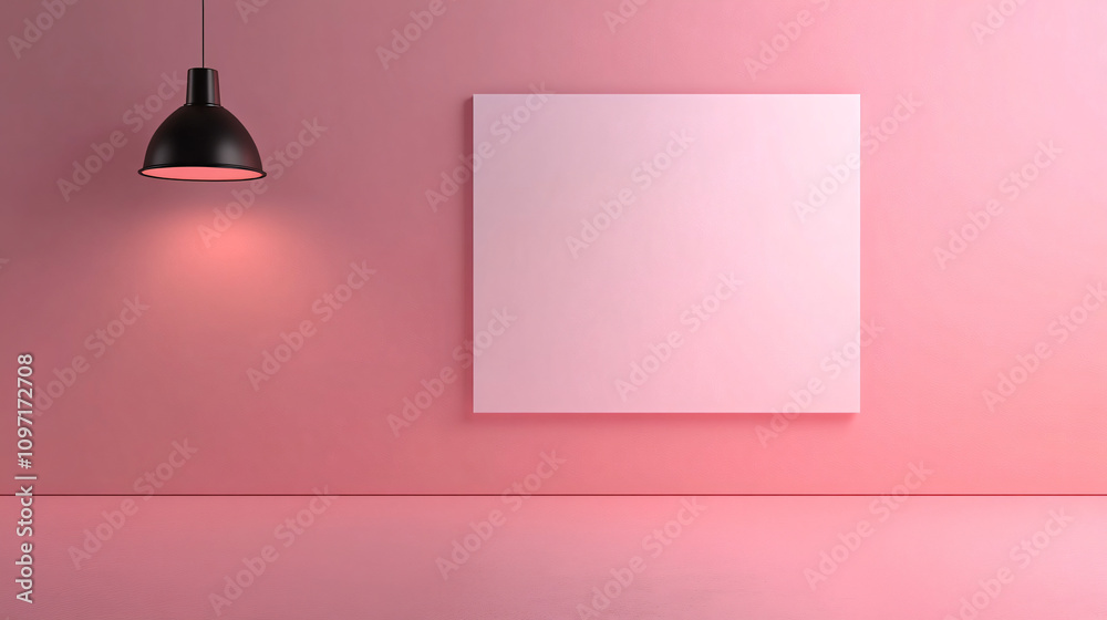 Poster serene and inviting minimalist pink room with a blank canvas and modern hanging lamp