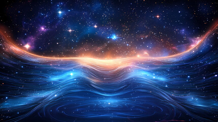 Obraz premium Ethereal cosmic landscape with glowing particles and waves of light captured in a dark background of stars and energy for imaginative design projects. Galaxy Ripple Dreams. Illustration