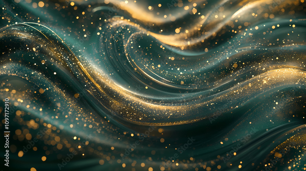 Wall mural abstract green and gold background with swirling, wavy, glowing lines and particles. galaxy ripple d