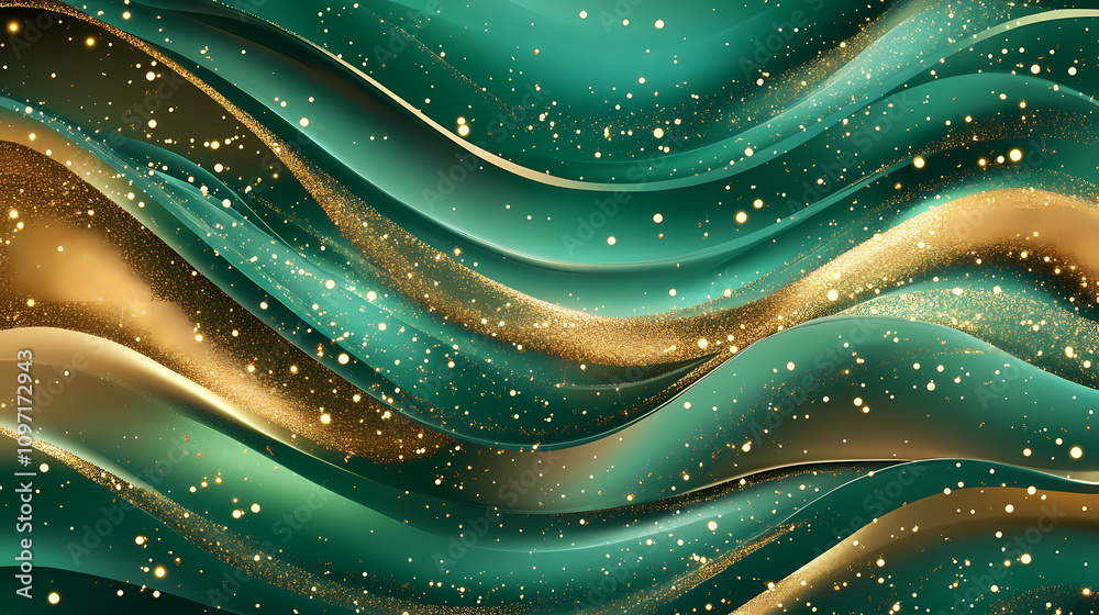 Wall mural abstract green and gold background with swirling, wavy, glowing lines and particles. galaxy ripple d