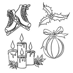 Christmas new year stickers in cartoon style. Holiday Christmas Sticker Set Free Hand Drawn