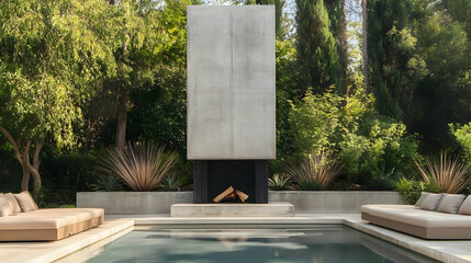 Modern Outdoor Fireplace in Stylish Garden Setting with Pool