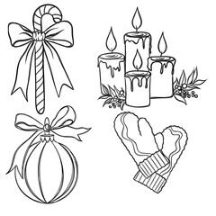 Christmas new year stickers in cartoon style. Holiday Christmas Sticker Set Free Hand Drawn