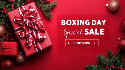 Boxing day sale with Christmas present and xmas decoration and text BOXING DAY SALE  Special Discount  SHOP NOW " isolated on red background