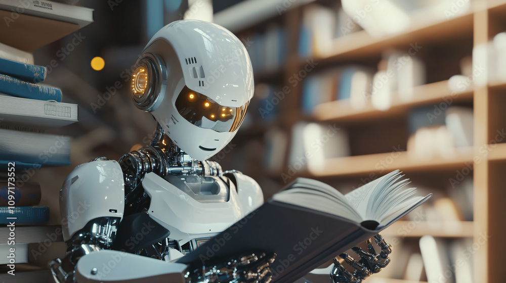 Aufkleber humanoid robot learning and studying, reading a book in a library, surrounded by stacks of books, sh