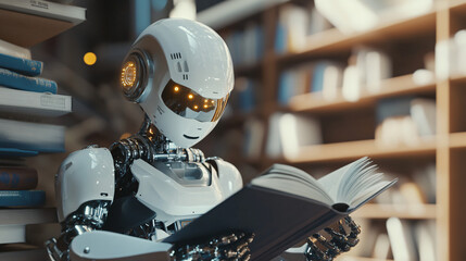 Fototapeta premium Humanoid robot learning and studying, reading a book in a library, surrounded by stacks of books, showcasing artificial intelligence and machine learning