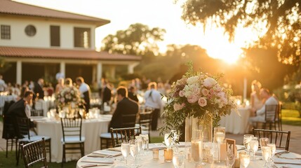 Outdoor Event with Tables and Floral Centerpieces at Sunset