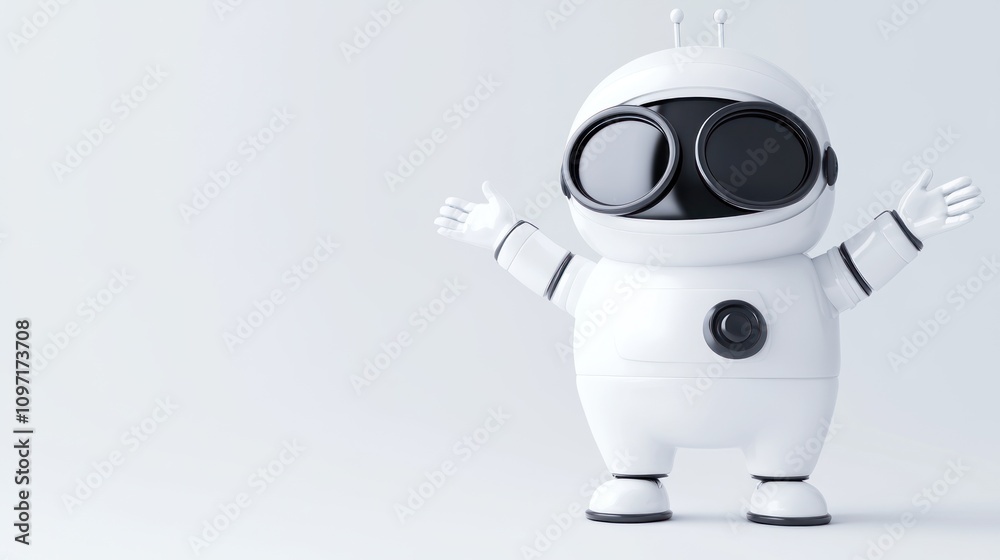 Poster a cheerful white robot with large black eyes and open arms, symbolizing friendliness and technology.