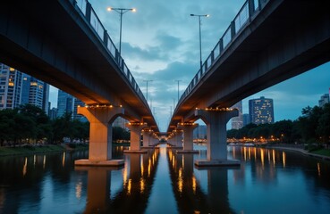 Symmetrical overpass spans Singapore river at dusk. City skyline reflects in water. Minimalist architecture. Bridge structure. Urban landscape. Asia. Night. Modern city. Tourism.