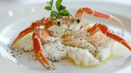 black truffle oil drizzled on a delicate crab salad, garnished with gold dust, on a pristine white plate