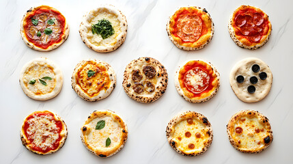 Exquisite and Appetizing High-Angle Visual Presentation of Neapolitan Pizzas on a White Marble Table Captured with Stunning Detail and Clarity.