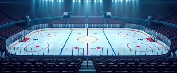 Empty hockey arena stadium. Ice rink with markings. Seats rows. Winter sport. Game. Championship. Tournament. Competition. Indoor hall. Night. Lights. Frozen field. Hockey match. Stadium. Arena. Ice