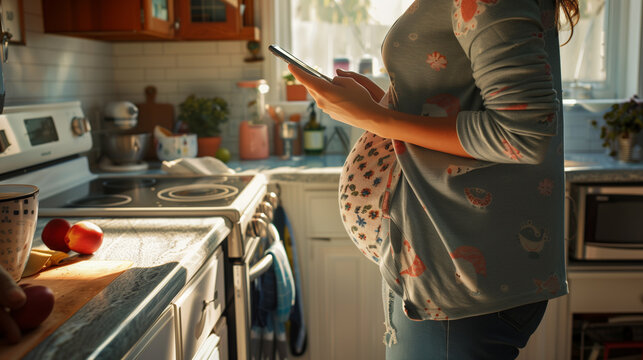 Expectant Mother in a Sunlit Kitchen, Checking Her Phone in a Relaxed and Anticipatory Moment of Maternity. Image made using Generative AI