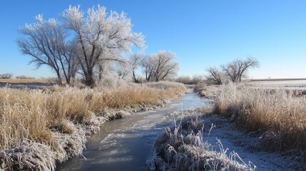 Frozen Winter Stream with Frosted Trees and Grass