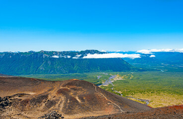 Volcano Osorno, Chile - December 6, 2019:  Striking views of stratovolcano Osorno in the Southern Chile. Osorno is considered a symbol of the local landscape 