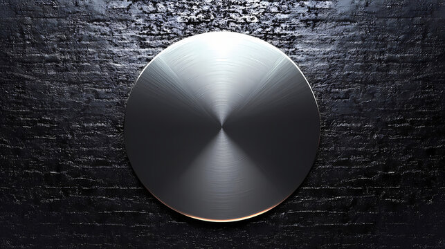 This silver disk features a sleek edge and glossy shine on a patterned background, ideal for branding and. Burnished Metallic Glow. Illustration