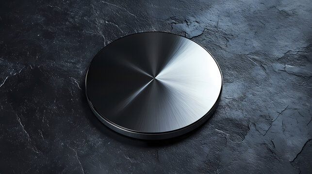 This silver disk features a sleek edge and glossy shine on a patterned background, ideal for branding and. Burnished Metallic Glow. Illustration
