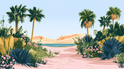 Fototapeta premium Sand dunes in park. Desert Mirage Oasis. Illustration