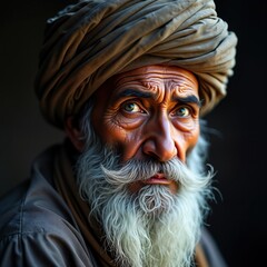 Close-up portrait of senior Indian man. Wrinkled face reflects life journey. Wears turban. Eyes show wisdom. Image ideal for diversity projects community focus. Represents faith age. Perfect for