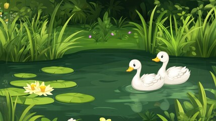 Obraz premium Two White Swans Swim Calmly In A Lush Green Pond
