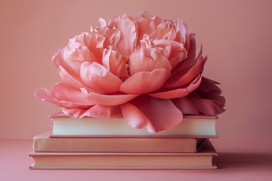 A large, vibrant pink peony flower gracefully rests on a stack of books, embodying elegance and beauty with a blush pink background.