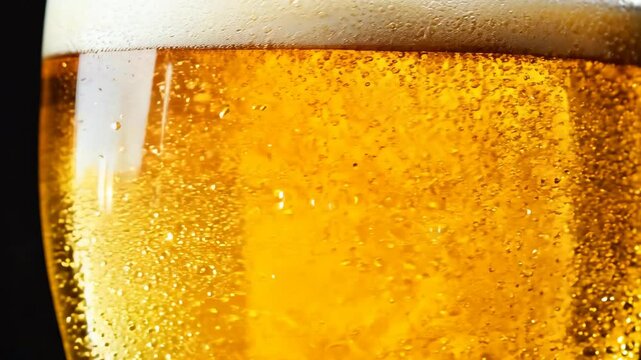 A beer glass filled with golden liquid and frothy foam is illuminated with fill light, highlighting its vibrant, bubbly texture as the camera zooms in for a detailed, refreshing view.