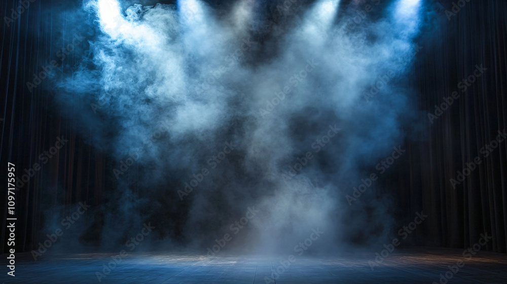 Poster three spotlights create a dramatic and mysterious atmosphere on a stage with curtains, illuminating 
