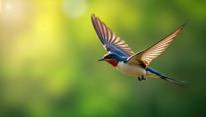 Obraz premium Swallow bird flies spring. Nature wildlife scene. Red breasted bird wings spread. Clean light green background. Perfect nature image for spring designs websites and blogs.