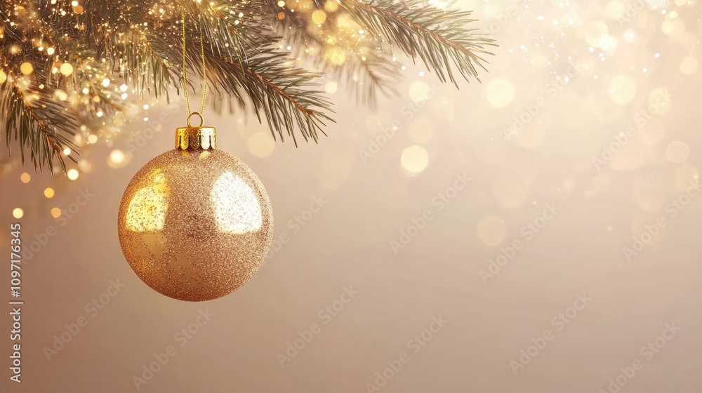Poster A sparkling golden ornament dangles from a lush pine branch, adding holiday cheer with soft bokeh lights in the background. Generative AI